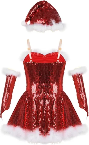 Vista 2 de CHICTRY Disfraz de señora Claus para niña lentejuelas brillantes vestido de fiesta de princesa con sombrero y mangas