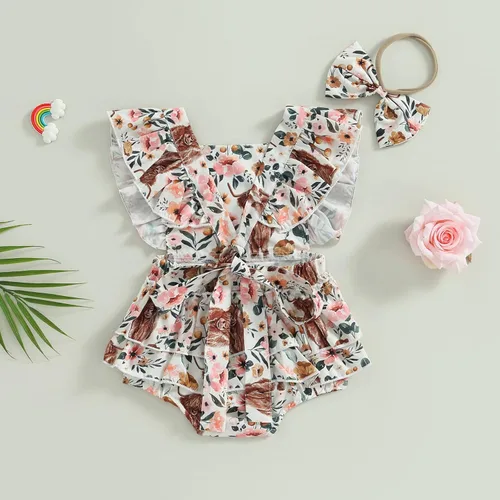 Vista 4 de Karuedoo Ropa de bebé del oeste con estampado de vaca, sin mangas, con volantes, traje de vaquera