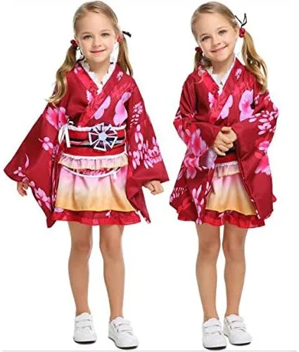 Vista 3 de Disfraz de anime para niños y niñas japonesas Lolita Kimono Vintage Original Tradición Yukata Vestido de Halloween rojo S Altura 43-47