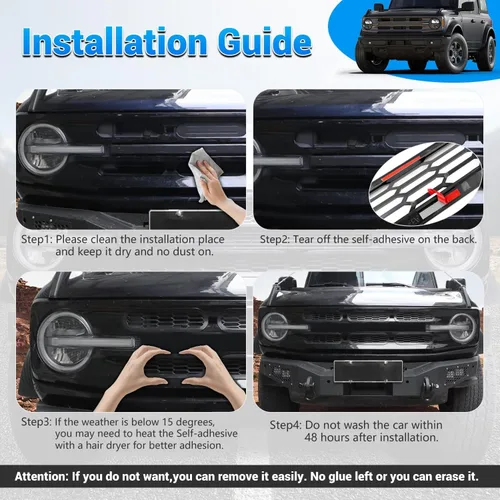 Vista 2 de Marco de cubierta de malla para parrilla delantera, insertos de parachoques delantero, accesorios de decoración con clip para Ford Bronco Offroad