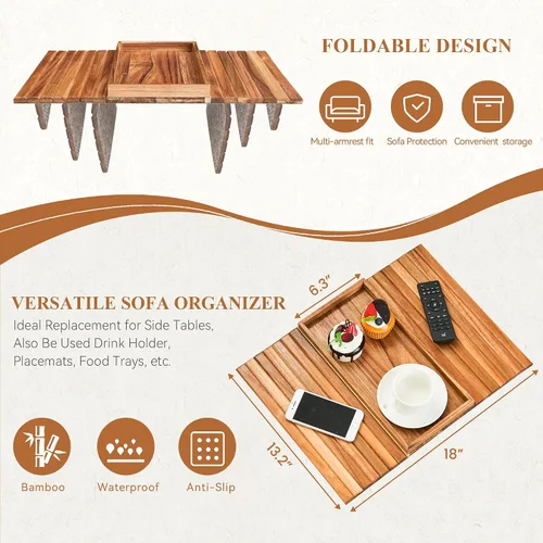 Vista 3 de GEHE Bandeja de madera de acacia para sofá, mesa auxiliar plegable para el brazo del sofá, mesa auxiliar con reposabrazos anticaídas, soporte