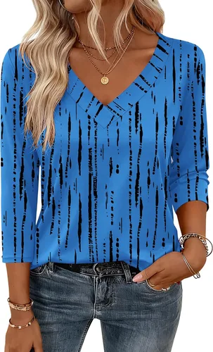 Vista 9 de Zeagoo Camisetas de manga 3/4 para mujer, cuello en V, blusa casual elegante, camisetas básicas 2026, ropa de moda S-2XL