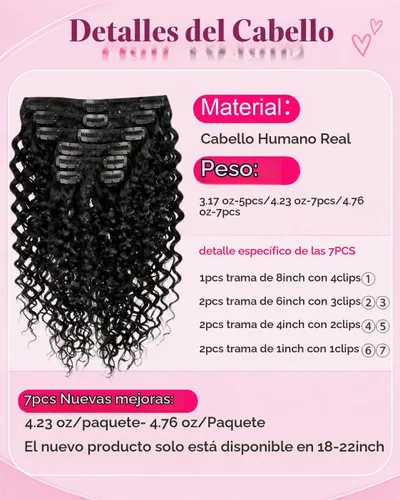 Vista 3 de Hetto Extensiones de cabello humano rizado con clip, color negro, 14 #1 Negro Azabache