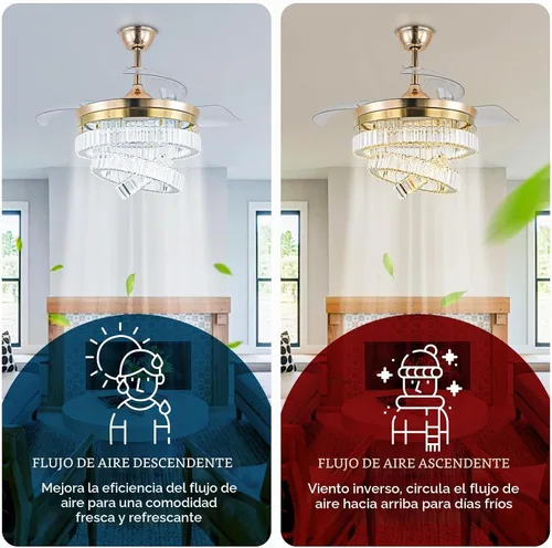 Vista 6 de CLAIRDAI Ventilador de techo de 42" de oro con candelabro de cristal y luces con APP y control remoto, lámparas regulables, 3 cambios