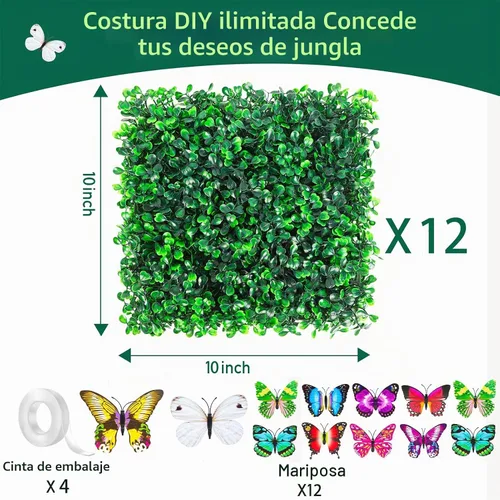 Vista 2 de SunnySmil - 12 paneles de pared de césped artificial de 10 x 10 pulgadas, paneles de pared de seto de boj, con cinta de doble cara, facilitan