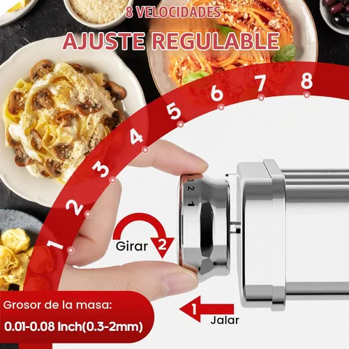 Vista 4 de Accesorio de pasta de acero inoxidable para batidora de pie KitchenAid, máquina de pasta 3 en 1 con rodillo de pasta, cortadores de espaguetis