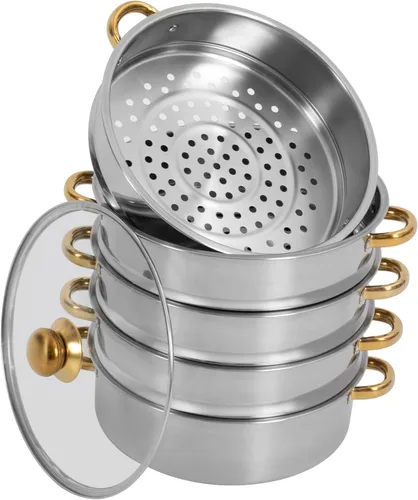 Vista 6 de Vaporizador de 5 niveles para cocinar, vaporizador de alimentos de acero inoxidable con asas doradas, ollas de vapor de gran capacidad de 11