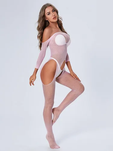 Vista 3 de WDIRARA Body de malla con hombros descubiertos para mujer, lencería de malla