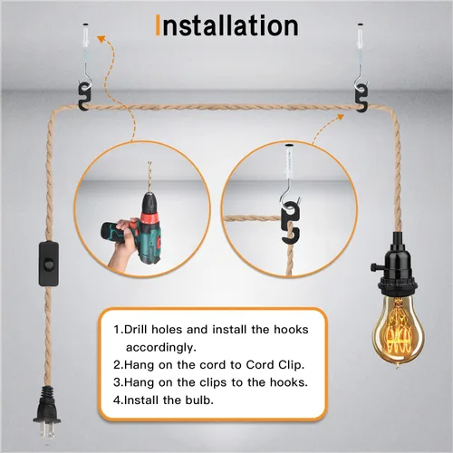 Vista 5 de Kit de luces colgantes de 16.5 pies, luces colgantes con cable de enchufe e interruptor, lámpara colgante de cuerda de cáñamo E26, cable de linterna
