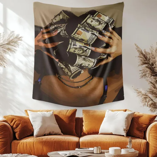 Vista 2 de FADALO Tapiz de mujeres negras afroamericanas, tapiz de arte con dinero de niña negra, tapices de pared de tendencia retro para colgar en la pared
