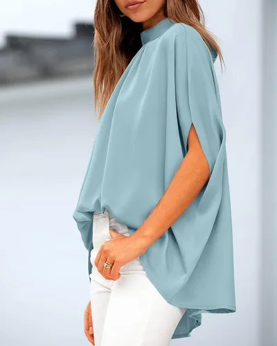 Vista 7 de BTFBM Blusas de verano para mujer, cuello alto falso, manga murciélago, holgadas, dobladillo alto y bajo, blusas informales de gran