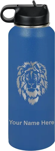 Vista 20 de LaserGram Botella de agua personalizada, cabeza de león, acero inoxidable de doble pared aislada al vacío con popote superior, regalo grabado