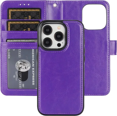 Vista 18 de Bocasal Funda tipo cartera desmontable para iPhone 15 Pro con bloqueo RFID, ranuras para tarjetas, soporte de cuero PU premium magnético con soporte