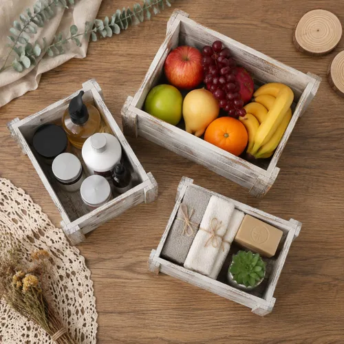 Vista 8 de Hacaroa Paquete de 3 cajas de madera con asas, caja de almacenamiento rústica para anidar, cestas de madera decorativas para frutas, verduras