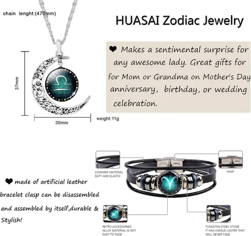 Vista 6 de HUASAI Juego de 12 pulseras de cuero tejidas a mano y colgante de luna collar de signo del zodiaco cuero aleación otro