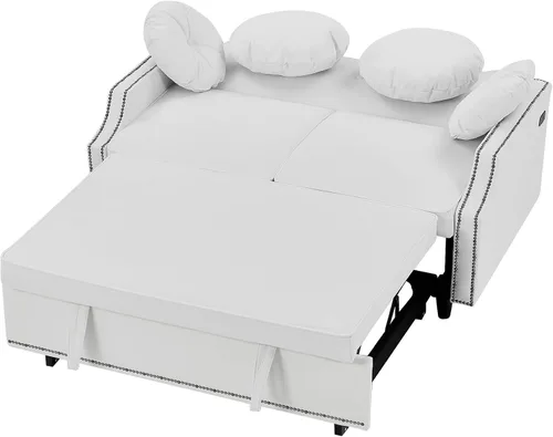 Vista 5 de Elegante sofá cama convertible de 54.7 pulgadas, sofá modular con cama extraíble con dos puertos USB y 4 almohadas, sofá biplaza para espacio