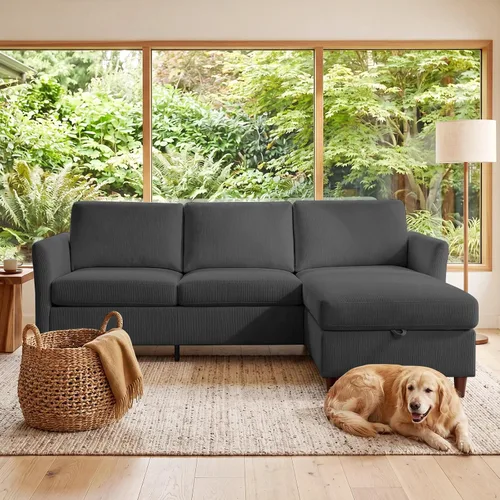 Vista 9 de Valthie - Sofá seccional convertible, sofá de terciopelo en forma de L con chaise reversible y almacenamiento, sofá de 3 plazas con bolsillo lateral