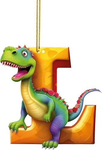 Vista 15 de Adorno de Navidad personalizado de dinosaurio de 26 letras, adornos colgantes 2023, monograma inicial de plástico, decoraciones de árbol de Navidad