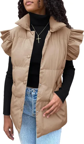 Vista 4 de Meyhad Chaleco acolchado de manga con volantes para mujer, chaleco acolchado sin mangas