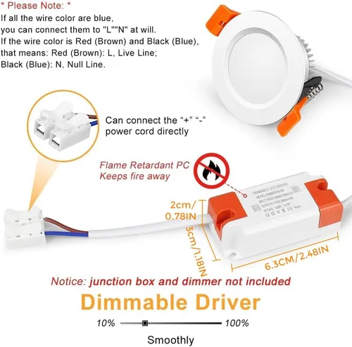 Vista 4 de Lámpara LED Downlight de 2 pulgadas, kit de luz de techo regulable de 3 W, luz blanca ultra cálida de 2700 K, luces LED blancas CRI80
