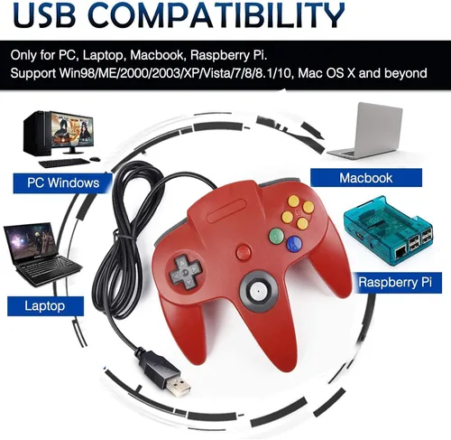 Vista 7 de Paquete de 2 controladores clásicos N64, miadore N64 con cable USB para PC, Joystick, N64 Bit USB con cable, controlador Joy pad para Windows, PC