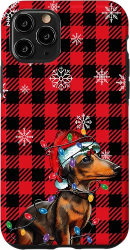 Vista 29 de iPhone 16 Dachshund Christmas Phone Case Red Plaid Pattern Christmas Lights Case