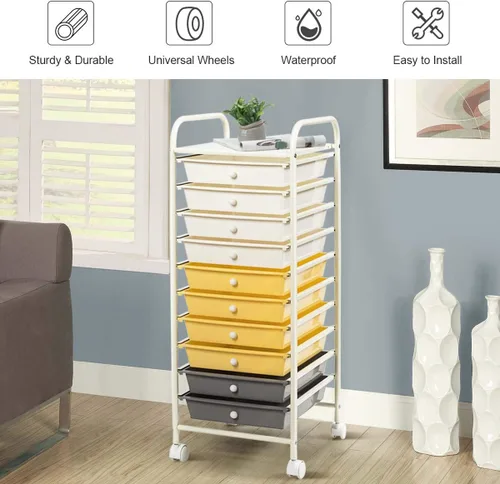 Vista 6 de Giantex - Carro de almacenamiento con ruedas, 10 cajones, organizador para papelería, oficina o escuela (Beige+Amarillo+Gris)