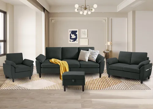 Vista 14 de Juego de sofás modulares de 3 piezas, sofás de 3 plazas en forma de L y sofá biplaza con sillón y otomana de almacenamiento para sala de estar Verde