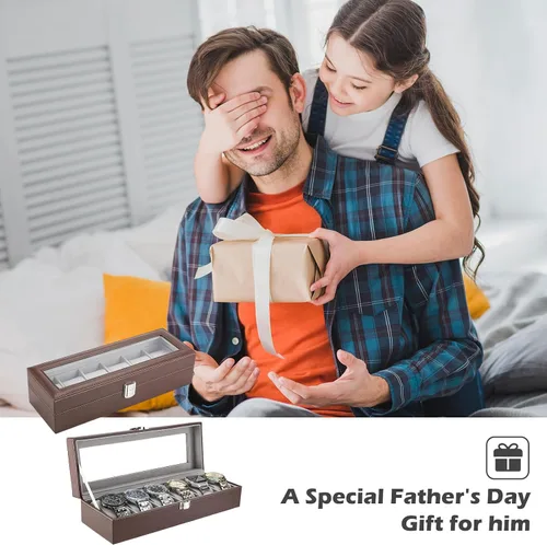 Vista 3 de ProCase Caja de reloj con 6 ranuras para hombre, organizador de relojes de piel sintética, cajas de almacenamiento con tapa de cristal de cristal