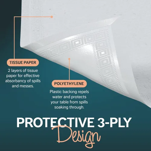 Vista 3 de Manteles de papel para mesas rectangulares 54 x 108 pulgadas – Paquete de 25 Mantel desechable de papel blanco 3 capas de papel y plástico