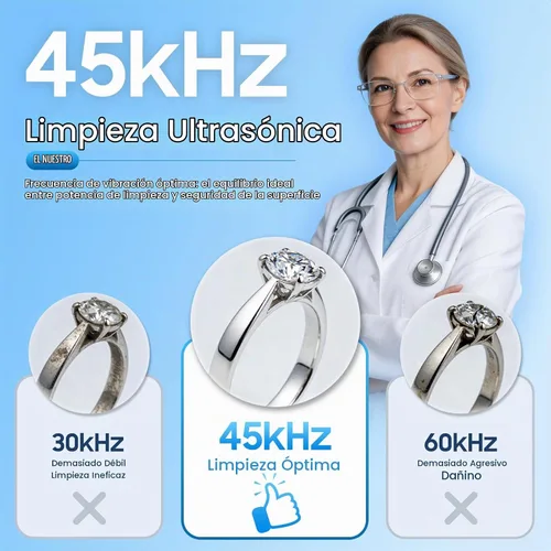 Vista 4 de Limpiador ultrasónico de joyas de 45 kHz para anillos, gafas, plateadas y Negro