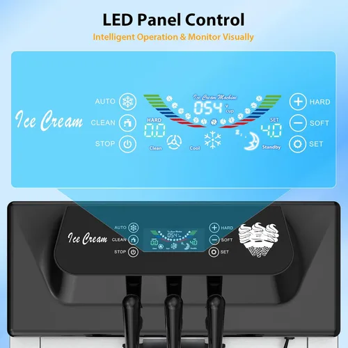 Vista 5 de Takywep Máquina comercial de helados – Máquina de helado suave de 2200 W, 5.3 a 7.4 galones/hora, 2 guardabosques de 6 L, pantalla LED, 3 sabores