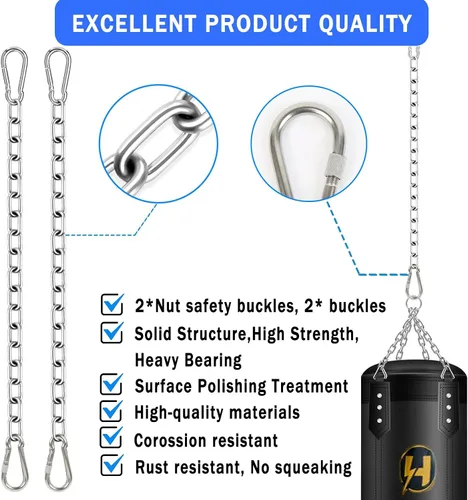 Vista 3 de Cadenas de acero inoxidable resistente, cadena de saco de boxeo pesado con 2 mosquetones, kit de herramientas de hamaca de capacidad de 550 libras