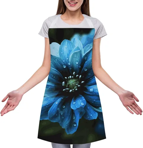 Vista 3 de MUSM Blue Flower Apron，Classic Vintage Funny with Pockets Aprons,Adjustable Bib Waterdrop Resistant for Kitchen Cooking Restaurant BBQ Painting