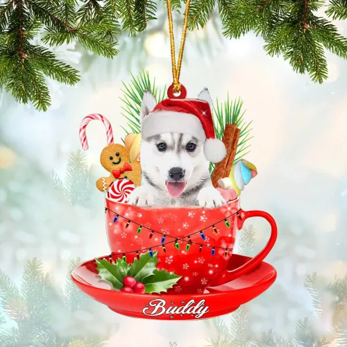 Vista 103 de Alaskan Malamute - Adorno de tetera de perro sentado en una tetera de Navidad, adorno de Navidad con nombre personalizado, adorno de automóvil