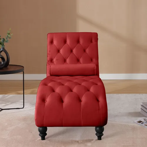Vista 4 de Moderna tumbona de terciopelo para interiores con ribete de cabeza de clavo, sillón sin brazos con botones para interior con almohada lumbar y 4