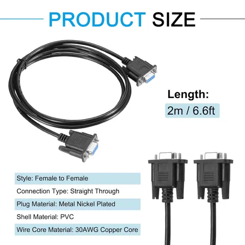 Vista 2 de MECCANIXITY Cable serie DB9 RS232 de 6.6 pies, recto a través RS-232 hembra a hembra, cable de extensión de 9 pines para comunicación de datos, negro