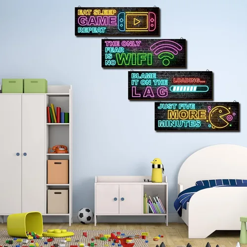 Vista 6 de clothmile 4 piezas de decoración de juegos de neón para la habitación de los niños, arte de pared de videojuegos de madera, cita motivacional