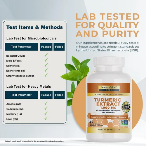 Vista 3 de Nature's Lab Extracto de cúrcuma con curcumina C3 y BioPerine 1000mg - Promueve la salud cardiovascular, la digestión y el sistema inmunológico - 60