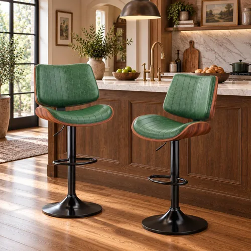 Vista 15 de YaFiti Taburetes de bar ajustables, modernas sillas giratorias de piel sintética con respaldo, taburetes de isla de cocina sin brazos, color negro