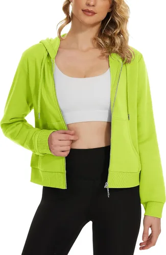 Vista 3 de MAGCOMSEN Sudadera corta con capucha para mujer, forro polar, con cremallera completa, con bolsillos