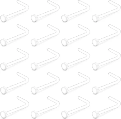 Vista 13 de D.Bella Aretes de nariz transparentes de 0.71 oz y 0.71 onzas (0.63 oz), en forma de L, aros de nariz Bioflex, pasadores de nariz rectos, retenedor