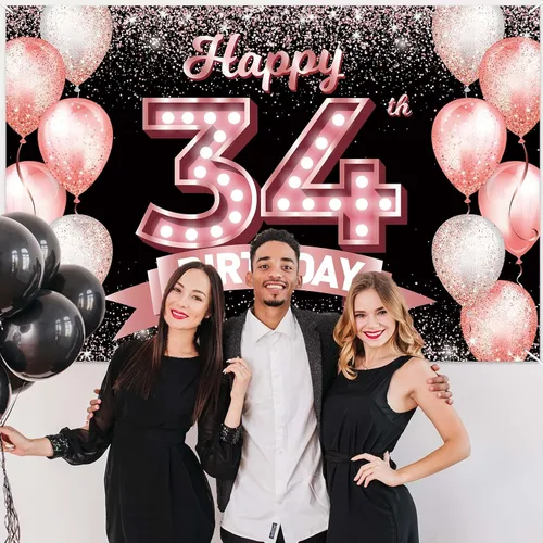 Vista 297 de Cartel de feliz cumpleaños décimo oro rosa, telón de fondo, saludos a 10 años, globos de confeti, decoración temática para niñas de 10 años