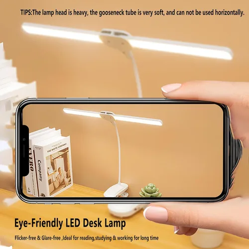 Vista 3 de Lámpara de escritorio LED de doble cabeza con abrazadera, luces de clip para oficina en casa, lámparas de mesa recargables de 4000 mAh, 3 modos