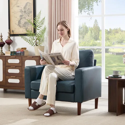 Vista 12 de Kingfun Silla decorativa, sillas de sala de estar, sillón de lectura de chenilla, de mediados de siglo con pie de madera maciza, decoración moderna