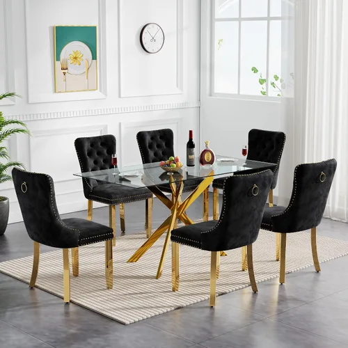 Vista 14 de Juego de mesa de comedor de cristal para cocina de 4, 5 piezas, mesa de comedor rectangular de 51 pulgadas con 4 sillas de cocina de terciopelo