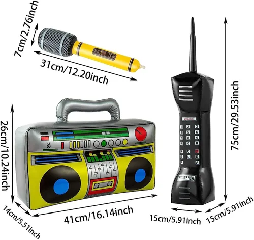 Vista 5 de Decoraciones de fiesta de los años 80 y 90, paquete de 3 micrófonos inflables de radio Boombox para teléfonos móviles para decoraciones de fiesta