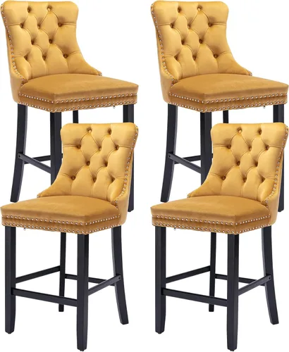 Vista 32 de Taburetes de bar tapizados de terciopelo modernos de 27 pulgadas con patas de madera, botón con cabeza de clavo cromada, taburetes de bar con Beige