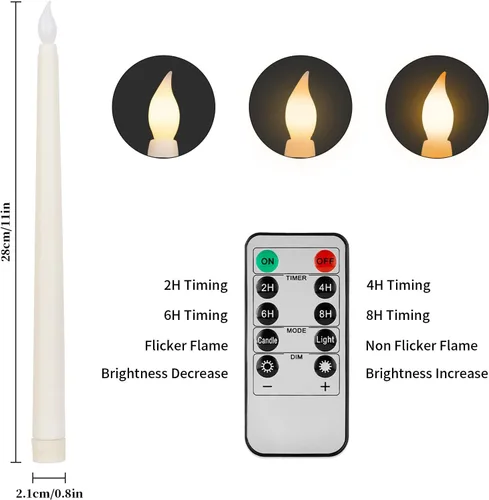 Vista 2 de Sequpr 12 velas cónicas sin llama parpadeantes con temporizador remoto, velas cónicas a pilas, candelabros LED de 10.63 pulgadas para Navidad, Marfil