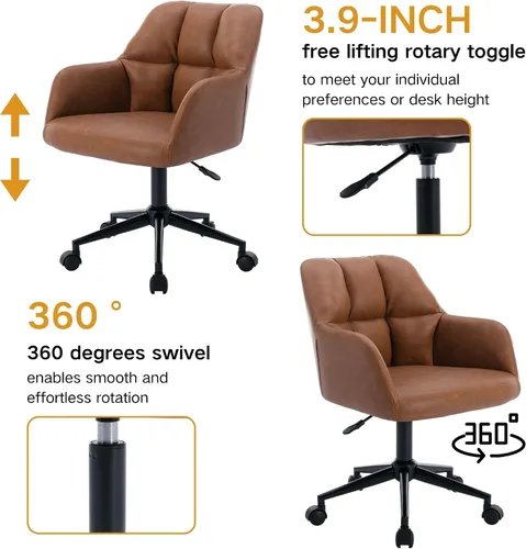 Vista 3 de Wahson Silla de escritorio de oficina de cuero marrón con soporte de respaldo medio, cómoda silla de computadora de altura ajustable, silla
